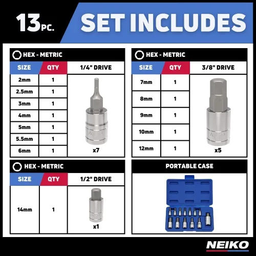 Miniatura 5 de Neiko 10074A - Juego de llaves de vaso hexagonal métricas, juego de 13 piezas, acero S2 y Cr-V, 1/4 pulgadas, 3/8 pulgadas y 1/2 pulgadas 2mm a
