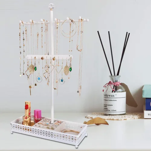 Miniatura 4 de Meangood Organizador de soporte para árbol de joyería 3 en 1, organizador de collares, pulseras, aretes y bandeja de anillos, soporte de joyería