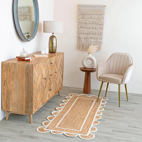 Miniatura 4 de Alfombra festoneada de yute natural, base natural, borde blanco hueso, 2 pies x 6 pies