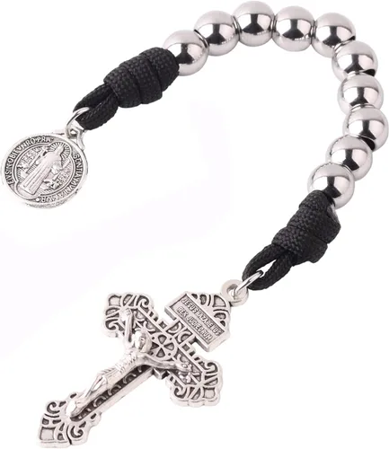 Miniatura 26 de Rosario de bolsillo estilo abierto una década de acero inoxidable rosario católico con crucifijo medalla de San Benito con bolsa de regalo
