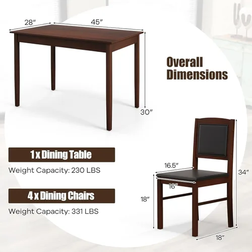 Miniatura 7 de NAFORT Juego de mesa de comedor de 5 piezas para 4, juego de 4 sillas de mesa de cocina de madera maciza, juego de comedor moderno de mediados
