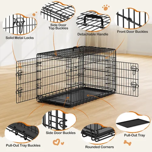 Miniatura 8 de Yaheetech Jaula para perros de doble puerta de 42 pulgadas con divisor para cachorros a adultos, caja de metal plegable XL con bandeja extraíble