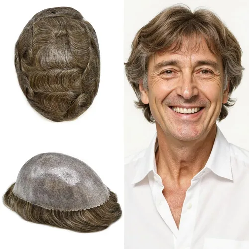 Miniatura 59 de Peluca completa de poliuretano para hombre, sistemas de reemplazo de cabello humano, piel fina y duradera, para hombre, prótesis de cabello