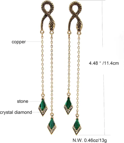 Miniatura 2 de Pendientes de serpiente de gota larga con diamantes de imitación verde vintage, Piedra de malaquita