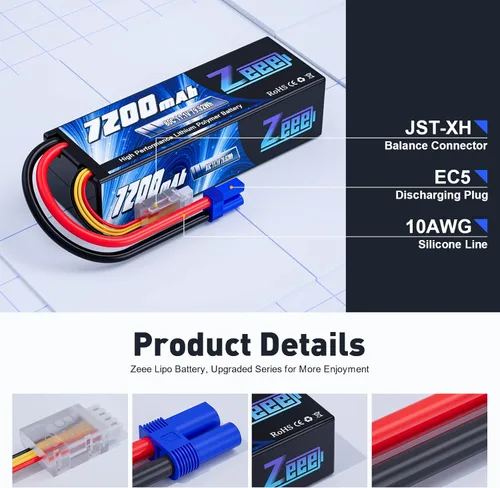 Miniatura 3 de Zeee 3S Lipo Batería 7200mAh 11.1V 80C con conector EC5 Estuche rígido Batería compatible con RC Car RC Truck RC Boat LOSI Associated Racing Hobby
