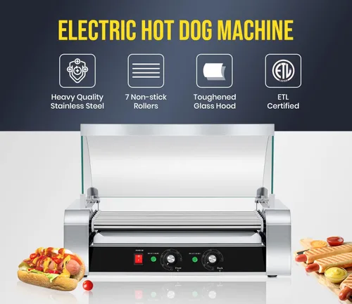 Miniatura 5 de SYBO Rodillo para Perros Calientes - Capacidad de 18, Rodillos de Acero Inoxidable Antiadherentes, Cubierta de Vidrio Desmontable, 1000 Vatios