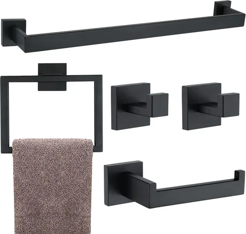 Miniatura 23 de Juego de 5 piezas de accesorios de ferretería para baño en negro mate, juego de toalleros cuadrados de 16 pulgadas para baño, juego de barras