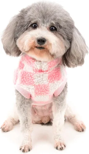 Miniatura 6 de Zunea Abrigo mullido para perros pequeños, hembras y niños, chaqueta de invierno de forro polar cálido, abrigo a cuadros, ropa mullida para Rosado