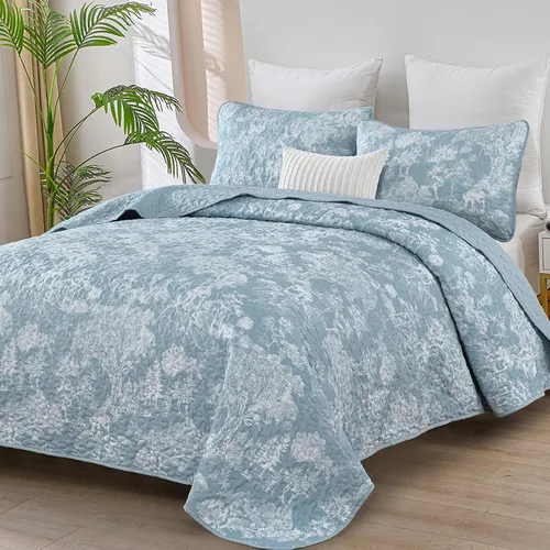 Miniatura 18 de WONGS BEDDING Juego de edredón botánico tamaño Queen, negro, 3 piezas, colcha con estampado floral de plantas Toile, juego de ropa de cama