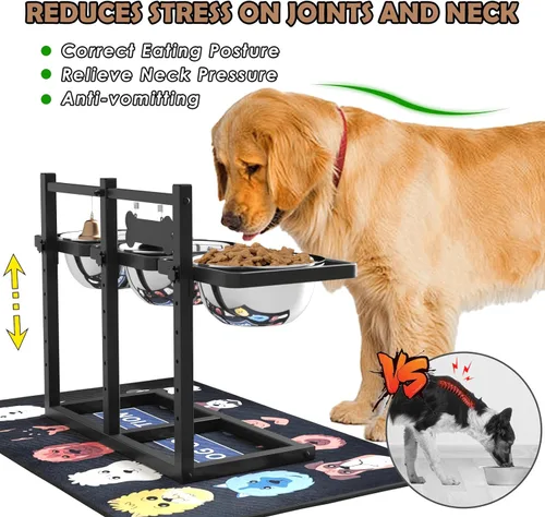 Miniatura 2 de Cuencos Elevados para Perros Grandes, Soporte Elevable Ajustable a 6 Alturas con Alfombrilla, Cuenco de Alimentación Lenta y Tres Cuencos de 1700ML