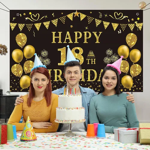 Miniatura 7 de Trgowaul Decoraciones de cumpleaños número 18 para hombres, pancarta de fondo negro y dorado de 5.9 x 3.6 pies, suministros de fotografía de feliz
