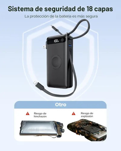 Miniatura 7 de Cargador portátil con cables integrados y enchufe de pared, 50% más pequeño 10000 mAh, cargador de batería USB C de 22.5 W, batería esencial