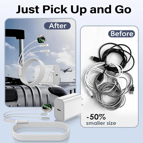 Miniatura 5 de Esenciales de viaje para cargador de Apple Watch, cargador de iPhone, cable de carga múltiple 3 en 1 tipo C/Lightning/magnético con bloque