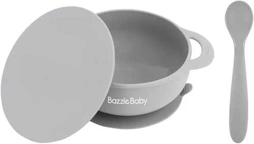Bazzle Baby Tazones de succión de silicona con tapa de succión y cuchara | Juego de 3 piezas | Silicona libre de BPA | Perfecto para 4-36 meses.