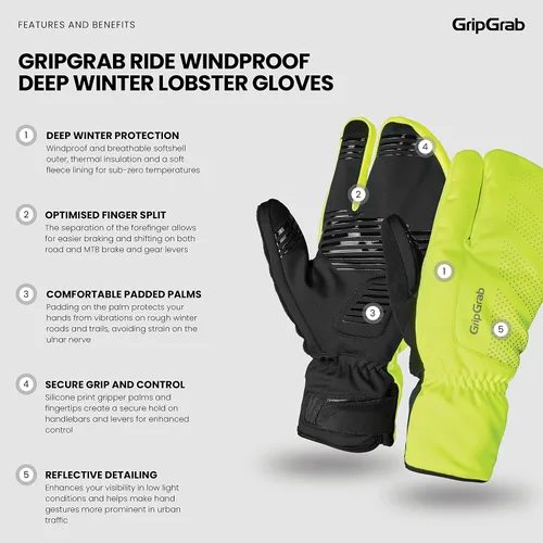 Miniatura 2 de GripGrab Ride Windproof Deep Winter Lobster 3-Finger Cycling Gloves Thermal Fleece Lined Padded Windproof Cold Weather Water-Repellent
