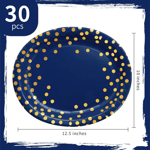 Miniatura 3 de 30 platos azul marino de 10 x 12 pulgadas, platos ovalados de papel azul y dorado, platos desechables grandes para fiestas de graduación