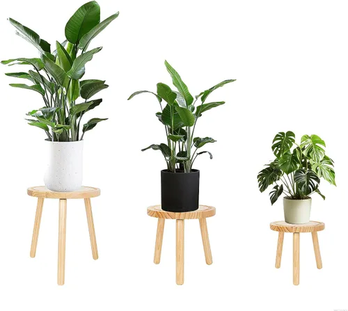 Miniatura 10 de Amdermi Paquete de 3 soportes de madera para plantas de interior, soporte para plantas individuales para macetas de 6 a 12 pulgadas, taburete Marrón