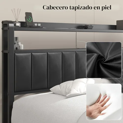 Miniatura 7 de Base de cama de tamaño matrimonial con proyector de estrellas y estación de carga, plataforma tapizada de piel sintética con cabecera de Negro