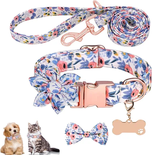 Juego de collar y correa para perro con lazo de flores, collar floral ajustable para perras, hebilla de metal, decoración de etiqueta para cachorros