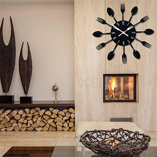 Miniatura 2 de Reloj de pared creativo con cuchillo de tenedor, cubertería de cocina, novedoso reloj colgante decorativo, cuchara de acero inoxidable, reloj Negro