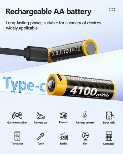 Miniatura 3 de Paquete de 4 baterías AA recargables USB C, batería de iones de litio de salida constante de 4100 mWh, 1.5 V, carga rápida de 2.5 horas