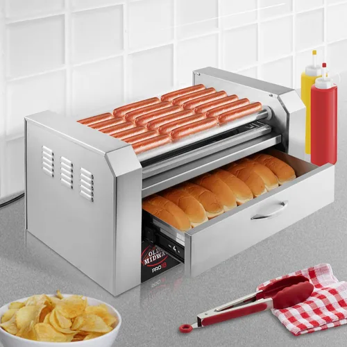 Miniatura 7 de Olde Midway Máquina eléctrica de 18 Hot Dog con 7 rodillos para parrilla con cajón de calentamiento de bollo, grado comercial, acero inoxidable