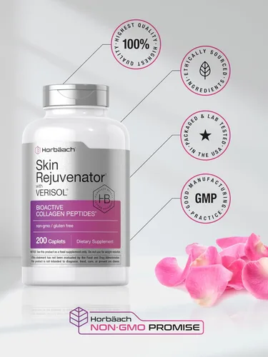 Miniatura 6 de Rejuvenecedor de piel Horbäach con Verisol Péptidos de colágeno bioactivos 200 cápsulas Suplemento sin OMG, sin gluten