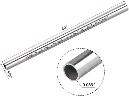 Miniatura 2 de Tubo liso de acero inoxidable 316/316L de 5/8" DI × 0.083" de pared × 40" de longitud. Recuecido. Cumple con ASTM A269 (1 pieza)