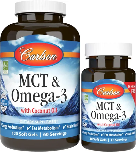 Carlson - MCT y Omega-3, aceite de coco, ácidos caprílicos y cápricos, EPA y DHA, producción de energía, metabolismo de las grasas y salud cerebral,