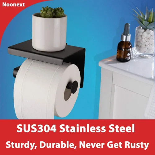 Miniatura 2 de Soporte para papel higiénico negro mate, soporte para rollo de papel higiénico con estante, adhesivo 3M, sin taladro o montado en la pared