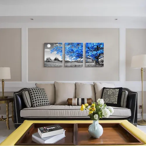 Miniatura 7 de Arte de pared para sala de estar, blanco y negro, árbol azul, luna, lienzo para decoración de pared para el hogar, obra de arte enorme, pintura