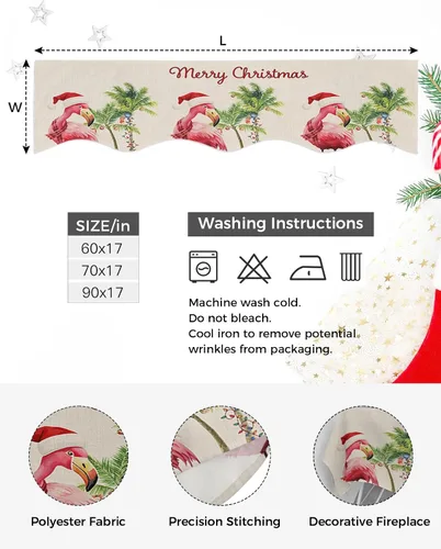 Miniatura 4 de Bufanda de manto de Feliz Navidad, 60 x 17 pulgadas, flamenco tropical, palmera, chimenea, mantel de chimenea, cubierta de mantel para Navidad