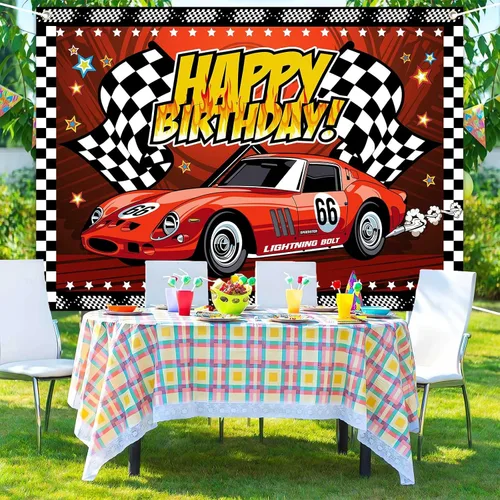 Miniatura 5 de Telón de fondo de feliz cumpleaños de 7 x 5 pies, cartel de fiesta de coche de carreras, pista de carreras, fondo de fotos a cuadros negros