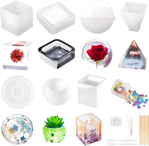 Miniatura 9 de Moldes de posavasos de resina Loyohep, moldes de silicona para resina, 12 piezas con moldes de posavasos redondos, cuadrados, octagonales y florales