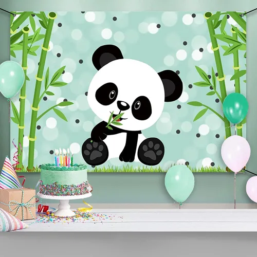 Miniatura 6 de AWERT Cartel de poliéster de 6 x 3.6 pies con lindo panda de dibujos animados para niños, decoración de fiesta de cumpleaños, suministros de fiesta