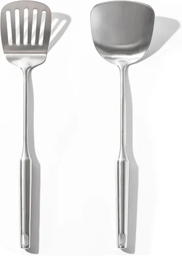 OYV Juego de espátulas de acero inoxidable 18/10, espátulas de metal de 15 pulgadas para uso en cocina, 1 espátula ranurada + 1 espátula sólida,