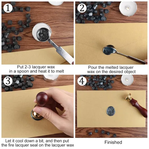 Miniatura 3 de 500 Pcs Cuentas de cera octogonales para sellado, cuentas de cera negras con 4 velas de té y 1 cuchara para derretir cera para manualidades, cartas