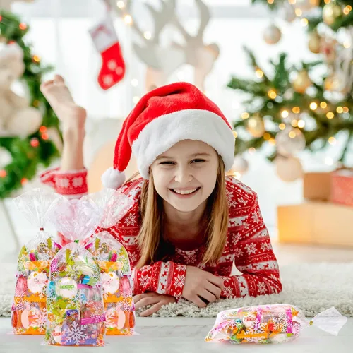 Miniatura 6 de FUSHENMU 120 bolsas de caramelo de celofán de copo de nieve, bolsas de celofán transparentes de Navidad con lazos giratorios para Navidad, fiestas