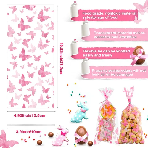 Miniatura 2 de Zonon 100 bolsas de plástico de celofán con 100 lazos plateados para golosinas con temática de mariposas, baby shower, fiesta de cumpleaños, Rosa