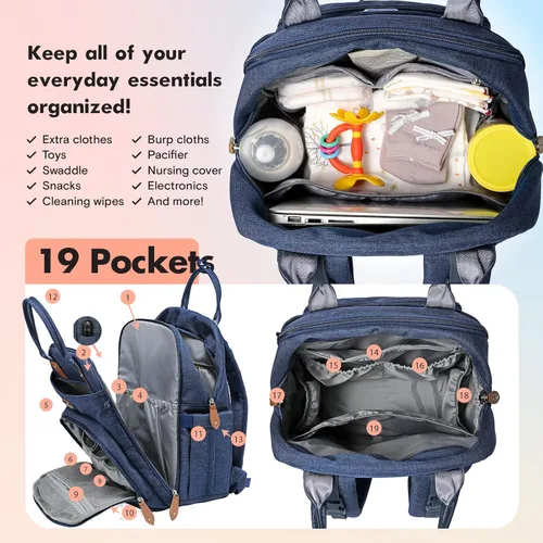 Miniatura 3 de Dikaslon Mochila para pañales con cambiador portátil, funda para chupete y correas para cochecito, bolsas de bebé unisex grandes para niños y niñas