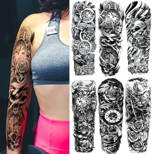 Kotbs 6 hojas de mangas temporales de tatuaje de flores grandes para mujer, diseño realista de reloj y rosa, tatuajes de manga falsa para cosplay,