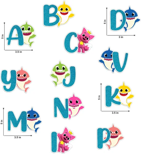Miniatura 3 de BBY Shrk A-Z - Adhesivo decorativo para pared, diseño colorido de caricaturas con letras con iconos del océano, suministros educativos divertidos