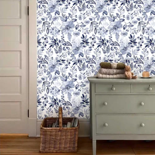 Miniatura 5 de Papel tapiz autoadhesivo de 18 x 236 pulgadas, diseño de acuarela azul marino y blanco, papel de contacto extraíble para cocina, dormitorio, baño