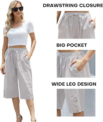 Miniatura 5 de WROLEM Women Pocket Pants Lightweight Wide Leg Drawstring Elastic Waist Yoga Lounge Cropped Pants