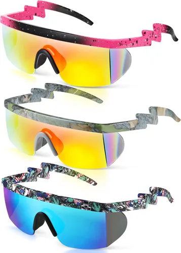 Frienda 3 pares de lentes de sol neón retro semi sin montura de los años 80 y 90 en zigzag, lentes de sol arcoíris para hombres y mujeres
