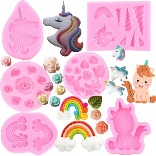Moldes de silicona con diseño de unicornios arcoíris, orejas de cuerno, moldes de fondant para decoración de pasteles, decoración de cupcakes,