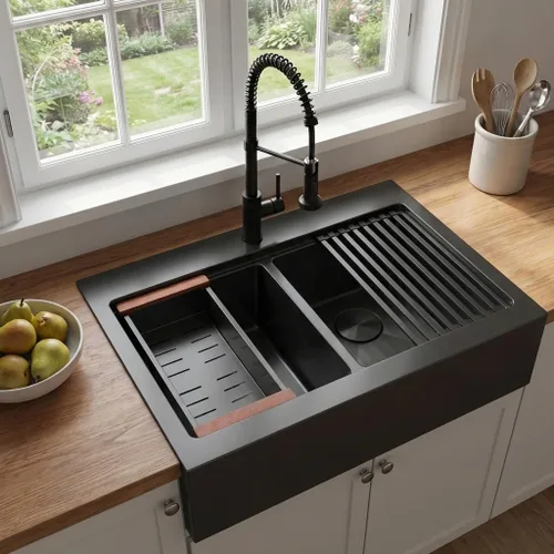 Miniatura 35 de LQS Fregadero de cocina dorado de 32 x 18 pulgadas, fregaderos de cocina empotrados, fregaderos de acero inoxidable de doble tazón 50/50