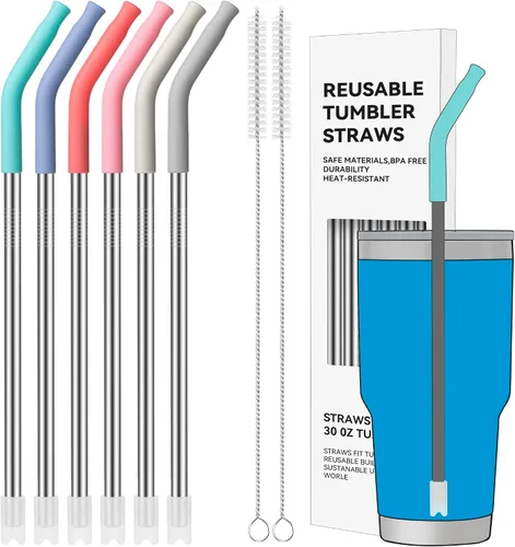 Miniatura 14 de Pajitas de Metal Rectas de 40 oz para Vaso Stanley de 40 oz, 6 Piezas Pajitas de Metal Reutilizables de Acero Inoxidable para Beber con Puntas de 2