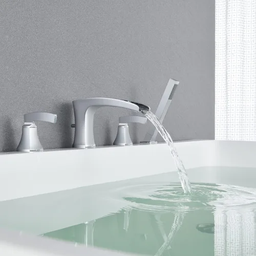 Miniatura 3 de Llenador de bañera romana cascada grifo de bañera cromado, grifos de baño de latón de 4 agujeros con ducha de mano
