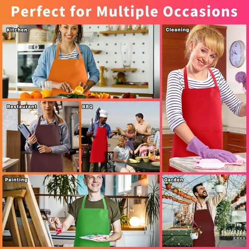 Miniatura 7 de Paquete de 8 delantales lisos a granel, delantales de colores mixtos con 2 bolsillos delanteros, delantales en blanco lavables para cocina, cocina